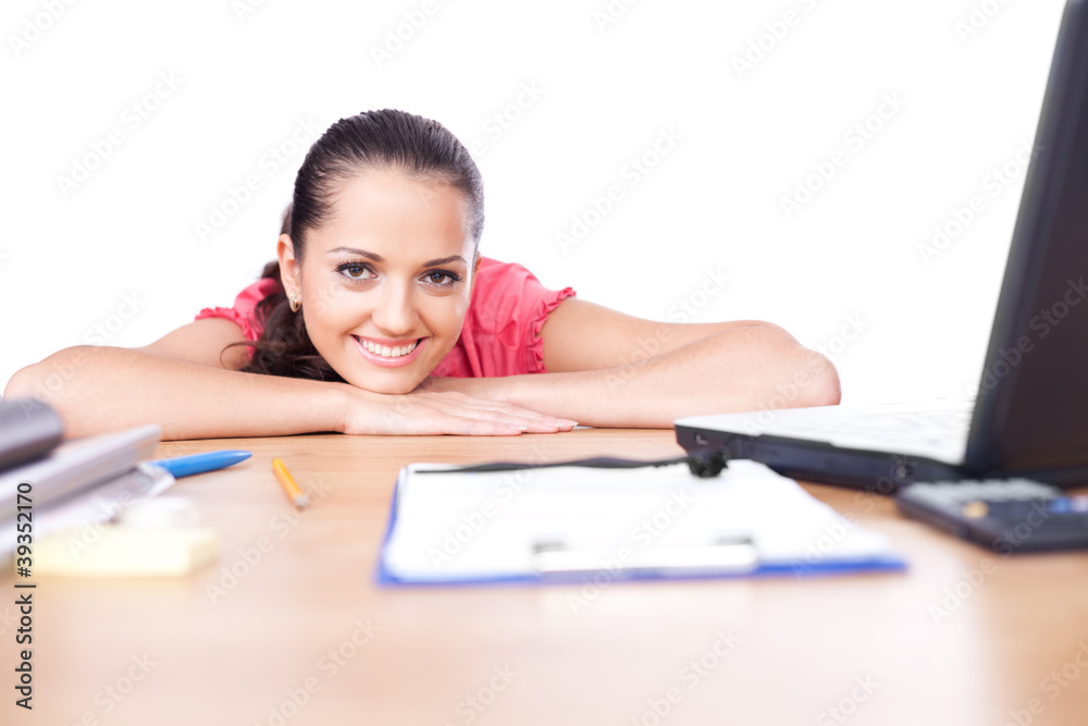 Portrait of relaxed young business woman smiling at office Portrait of relaxed young business woman smiling at office