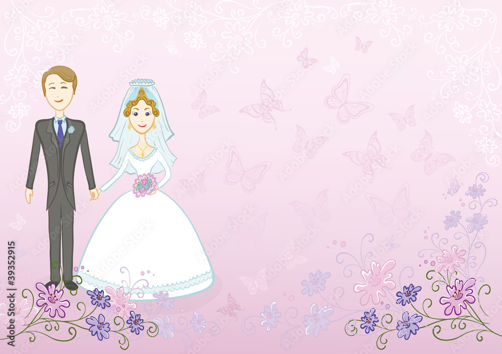 Bride and groom on pink floral background Bride and groom on pink floral background