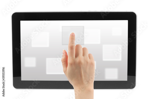 Woman hand with touch screen interface on grey background