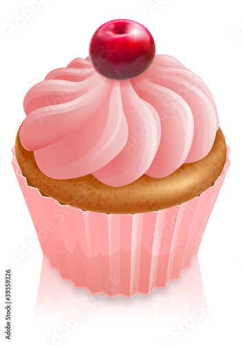 Pink fairy cake cupcake with cherry