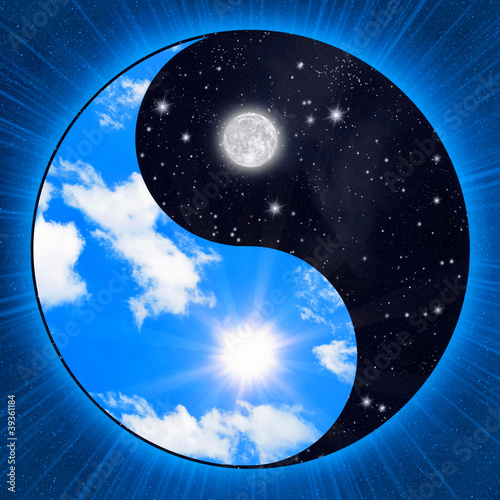 Yin yang symbol wigh sky (clouds and stars)
