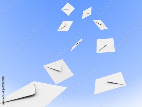 flow of white mail envelopes in the blue sky