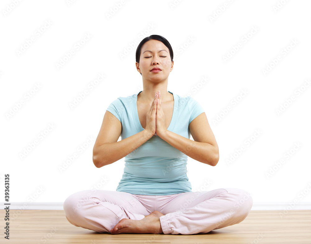 Frau in Meditationshaltung, Hände im Gebetshaltung Frau in Meditationshaltung, Hände im Gebetshaltung