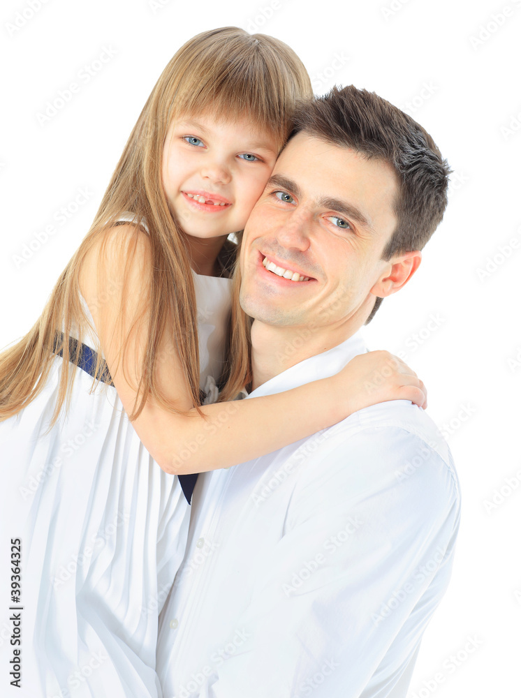 Portrait of happy father and daughter. Isolated on white Portrait of happy father and daughter. Isolated on white
