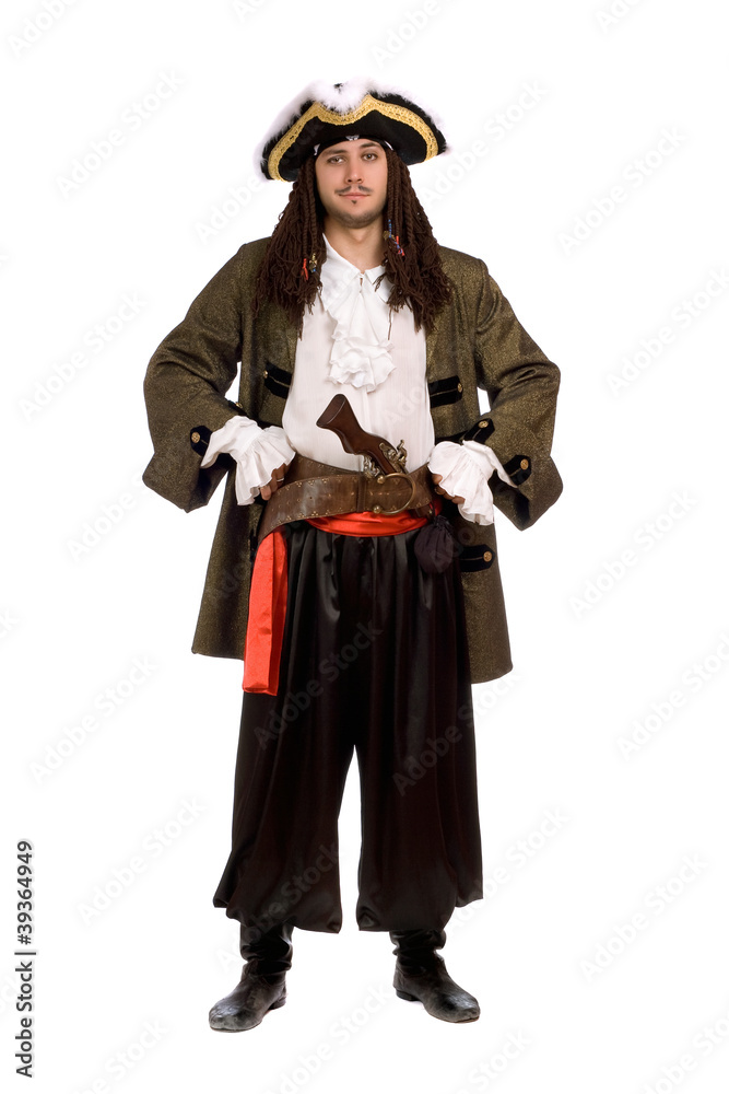 man in a pirate costume with pistol. Isolated man in a pirate costume with pistol. Isolated
