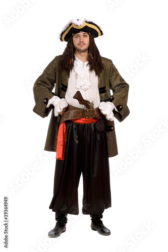 man in a pirate costume with pistol. Isolated
