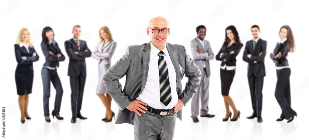 Male Businessman leader standing in front of his team