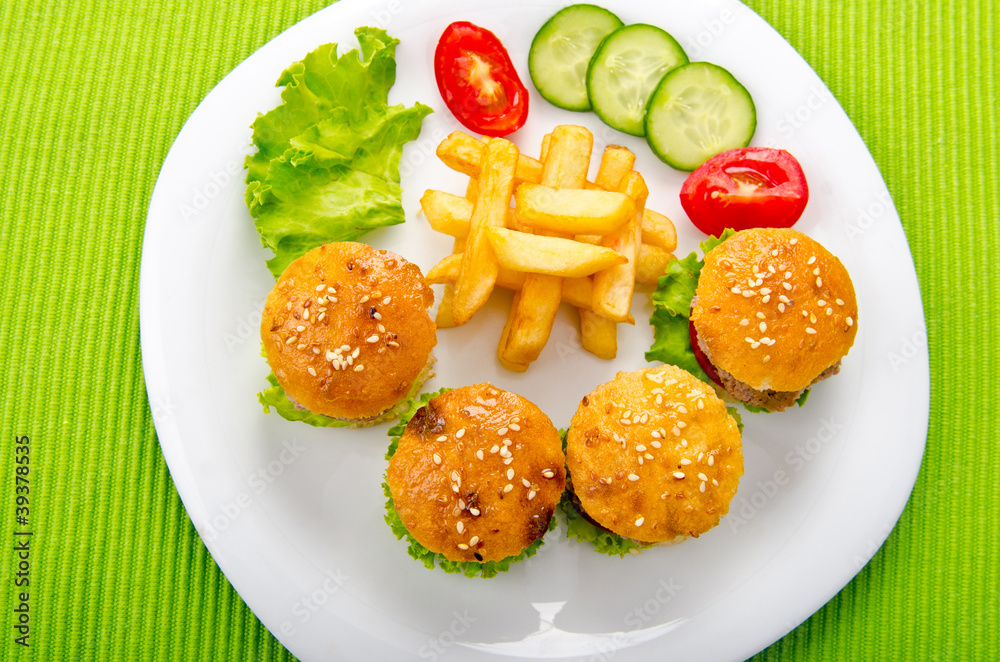 Burgers with french fries in plate Burgers with french fries in plate