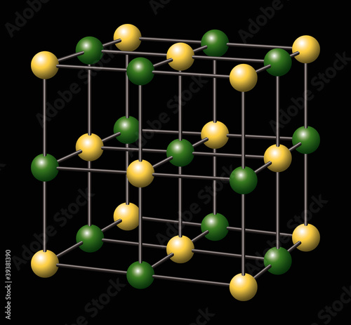 Sodium Chloride, NaCl, Salt. Sodium and Chloride ions a forming the three-dimensional cubic crystal structure of Sodium chloride. Illustration on black background. Vector.