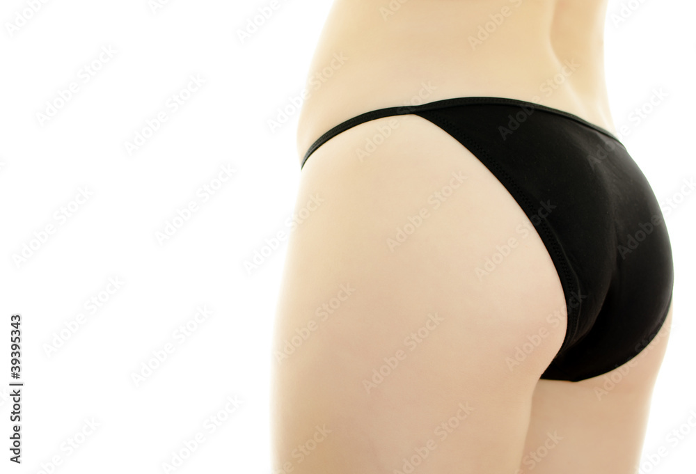 Woman body in black swimsuit. Isolated on white. Woman body in black swimsuit. Isolated on white.