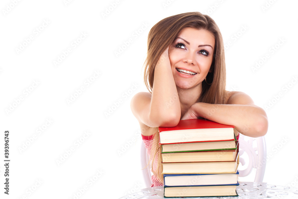 student woman with a stack of books, isolated student woman with a stack of books, isolated