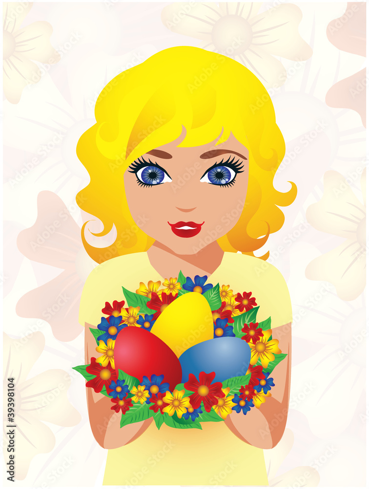 Beautiful Girl with Easter Eggs , vector illustration