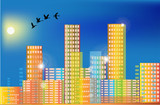 flying birds above rainbow color city