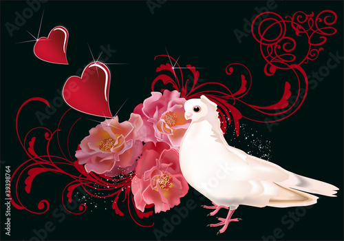 dove and red hearts on black photo