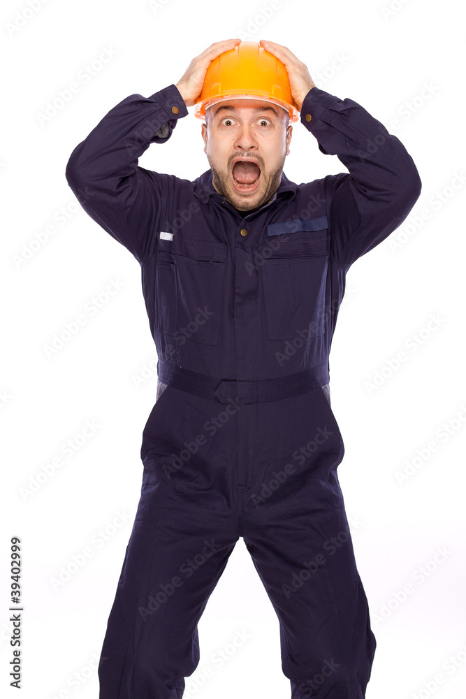 funny portrait of a builder on a white background funny portrait of a builder on a white background