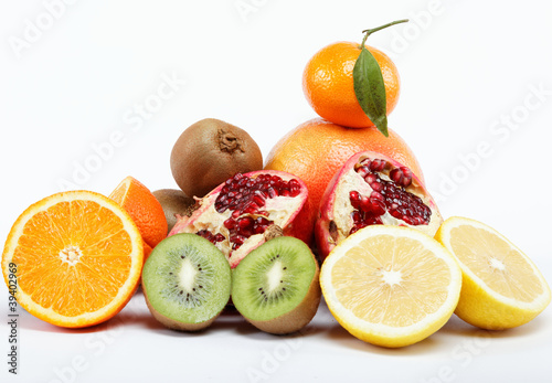 tropical fruits on a white background.