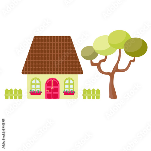 Cartoon house with tree and fence