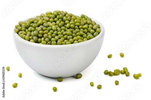 Green mung beans in white bowl photo