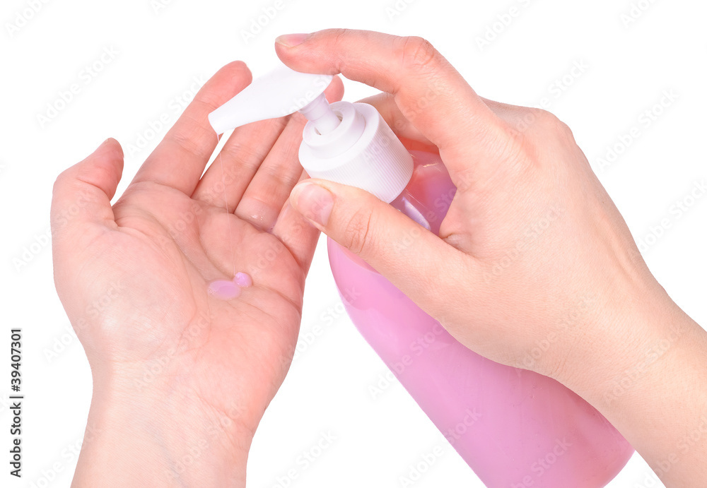 Liquid soap on your hands. Photos isolated on white background Liquid soap on your hands. Photos isolated on white background