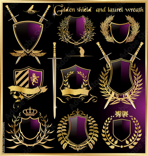 golden shield and laurel wreath set