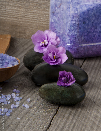 stones with purple flower and lavender salt