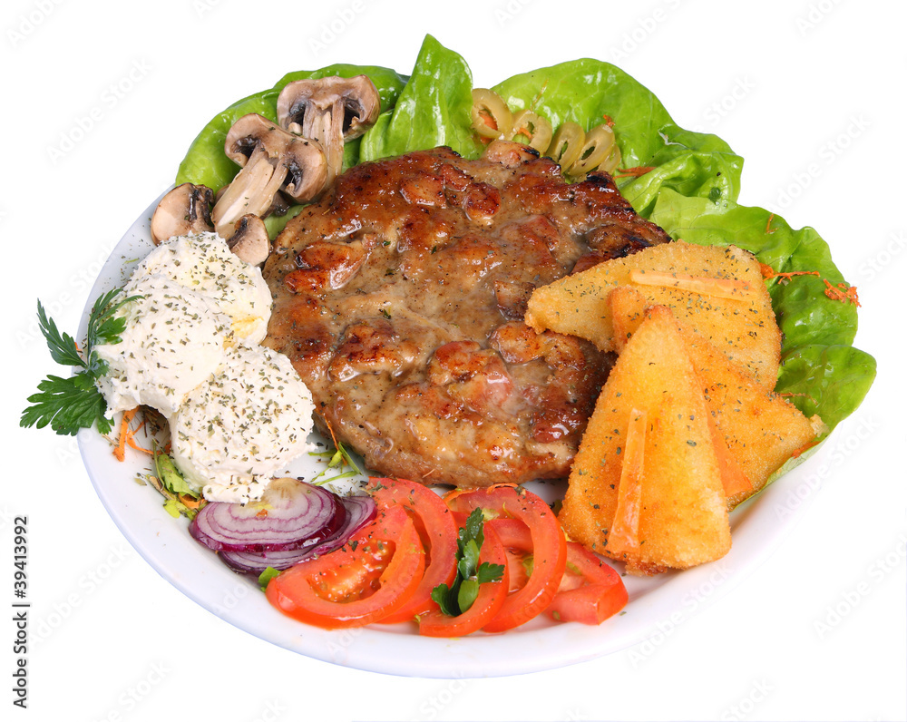 Burger with cheese, tomatoes, mushrooms, onions and lettuce Burger with cheese, tomatoes, mushrooms, onions and lettuce