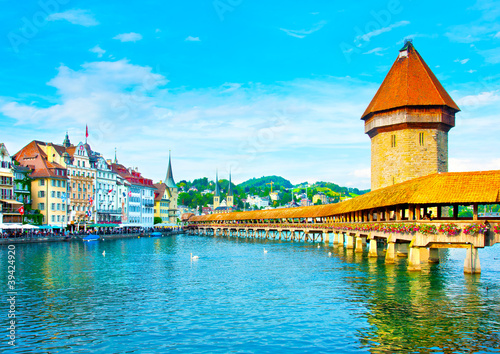 Panoramic vew of the older wooden bridge of Europe in Lucerne