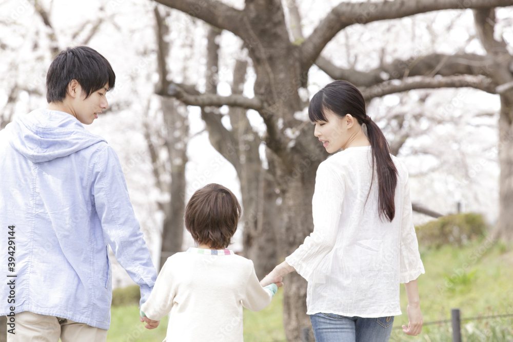 桜並木を散歩する家族の後姿
