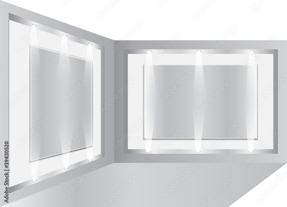 Gallery Interior with empty frames and light on wall Gallery Interior with empty frames and light on wall