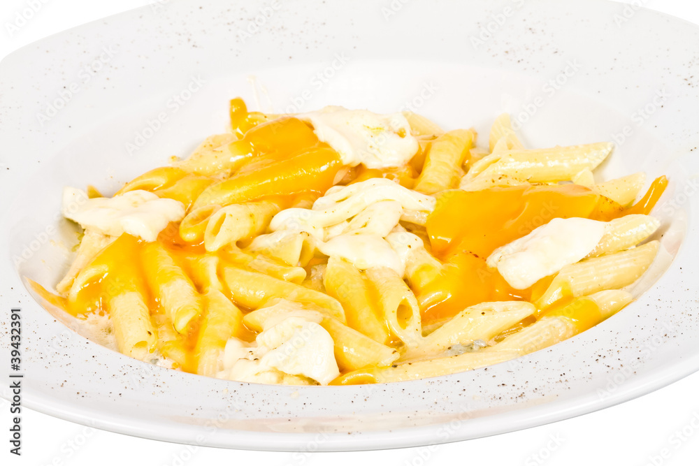 Penne pasta with parmesan, dor blue, chamamber and mozzarella Penne pasta with parmesan, dor blue, chamamber and mozzarella