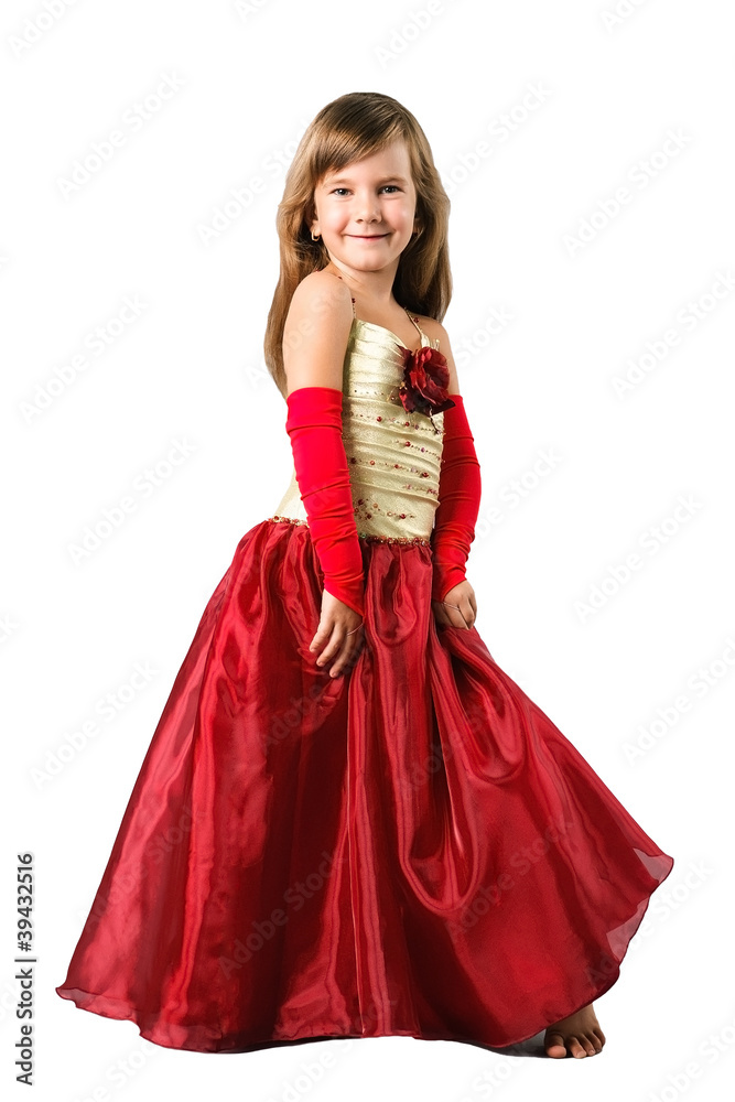 fashionable little girl wearing gorgeous gown isolated on white