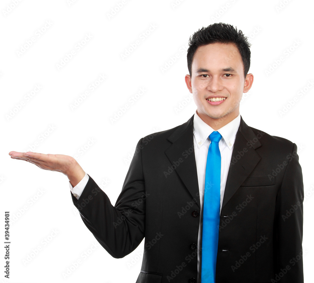 man presenting something isolated over white background man presenting something isolated over white background