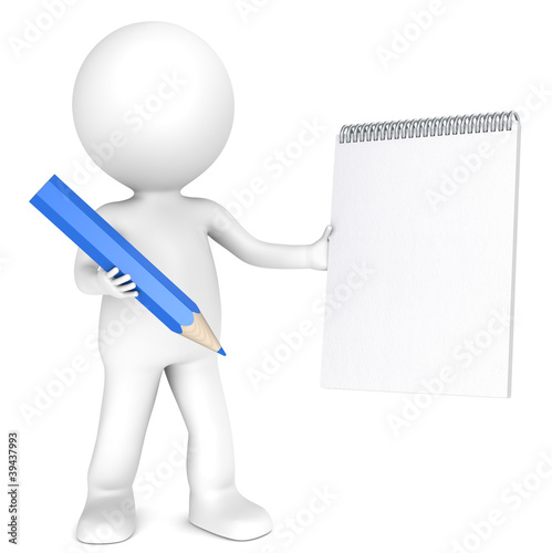 3D little human character holding a notepad and a Blue Pencil