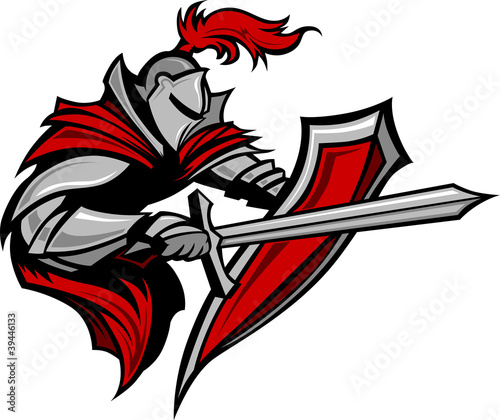 Knight Warrior Mascot Stabbing with Sword and Shield Vector Imag