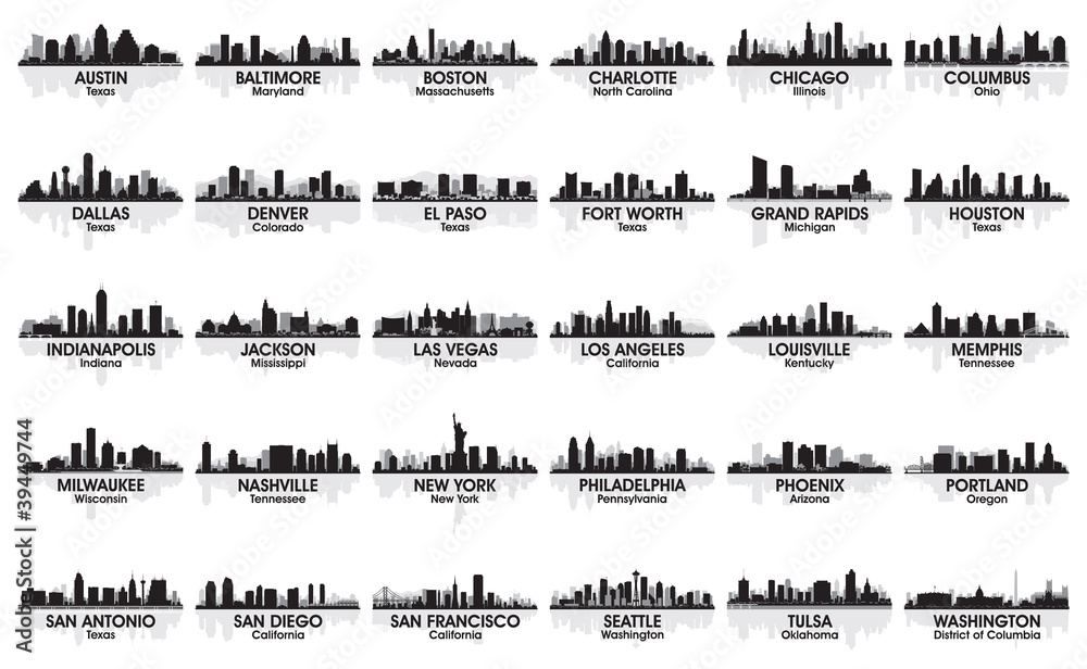 Obraz premium Incredible set of USA city skyline. 30 cities.
