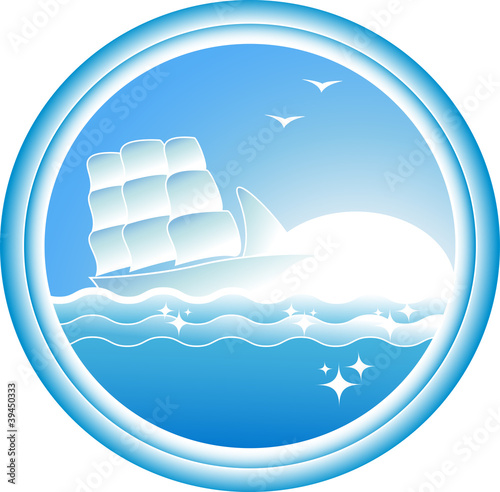 round sign with sailing ship on blue sea and sun