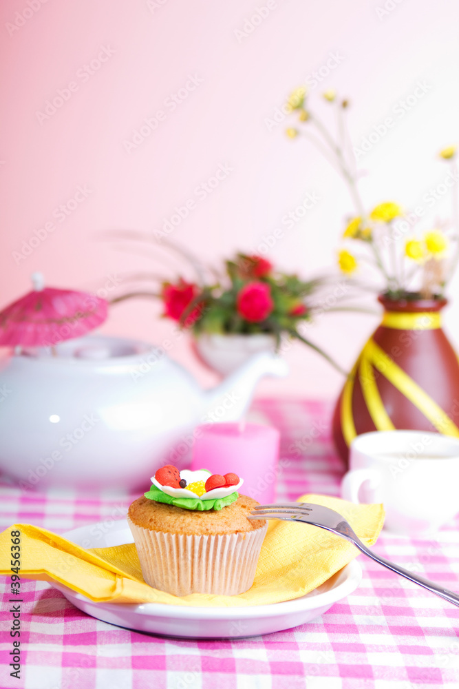 continental colorful  breakfast on a pink background