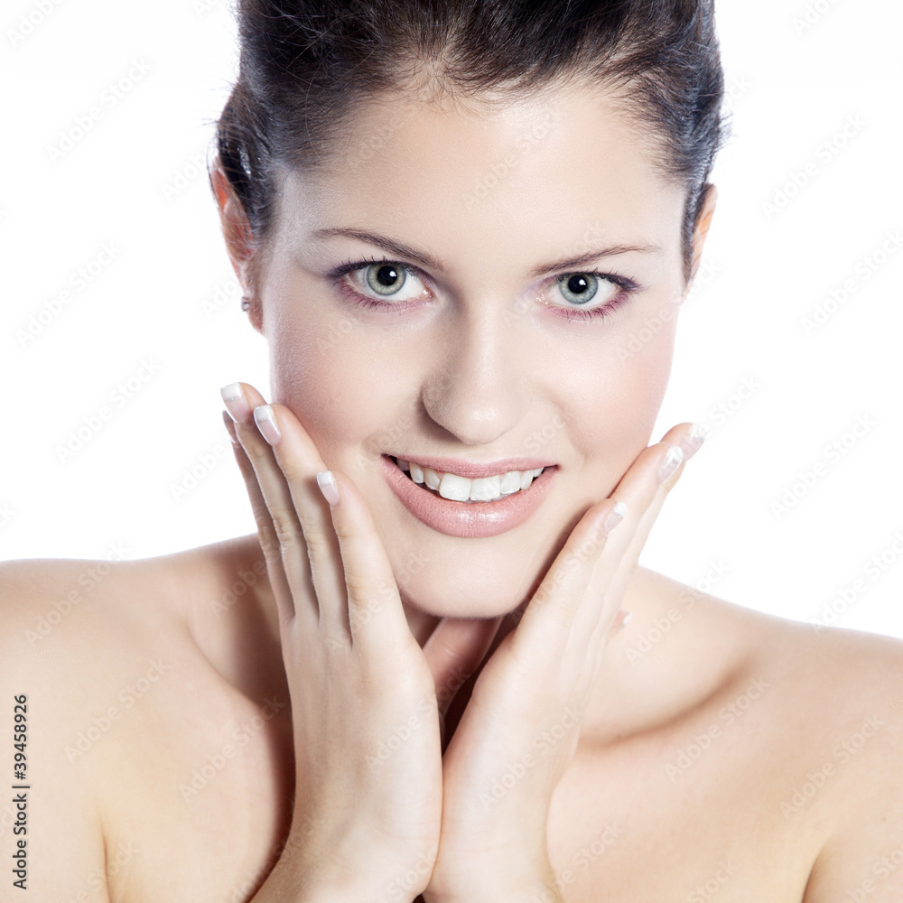 Model Frau Gesicht mit Händen Poster Nahaufnahme