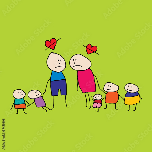 Drawing of two people (man and woman) with children who are figh