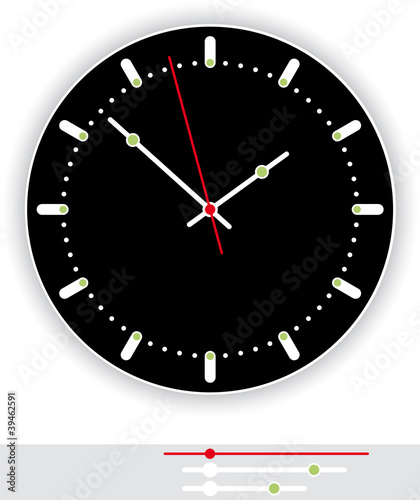 Clock face black. Illustration of a modern clock face, dial, with black background as part of an analog clock, watch, with white and red pointers. Isolated on white background. Vector. photo