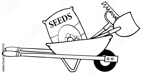 Outline Barrow With Seeds, A Rake And Shovel