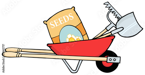 Barrow With Seeds, A Rake And Shovel