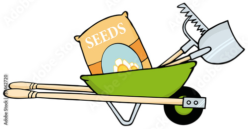 Barrow With Seeds, A Rake And Shovel