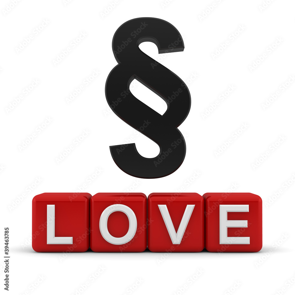 Section sign over red 3d blocks with the word love Section sign over red 3d blocks with the word love