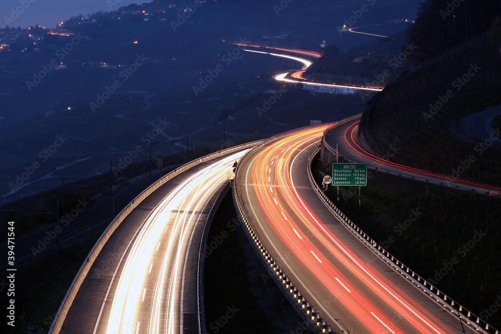Highway in the night, Lavaux, Switzerland - obrazy, fototapety, plakaty 