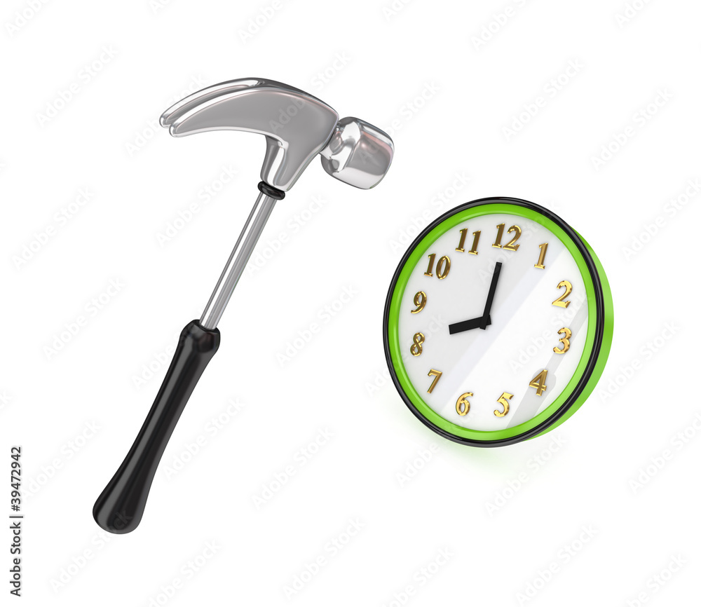 Big chromed hammer hitting a green watch. Big chromed hammer hitting a green watch.