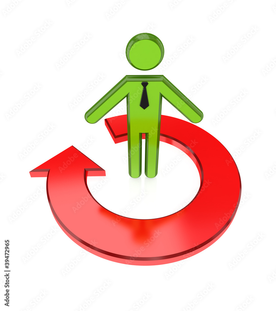 3d small person and red round arrow. 3d small person and red round arrow.