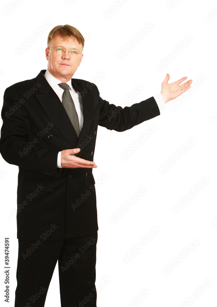 Man showing something on his hand , isolated on white background Man showing something on his hand , isolated on white background