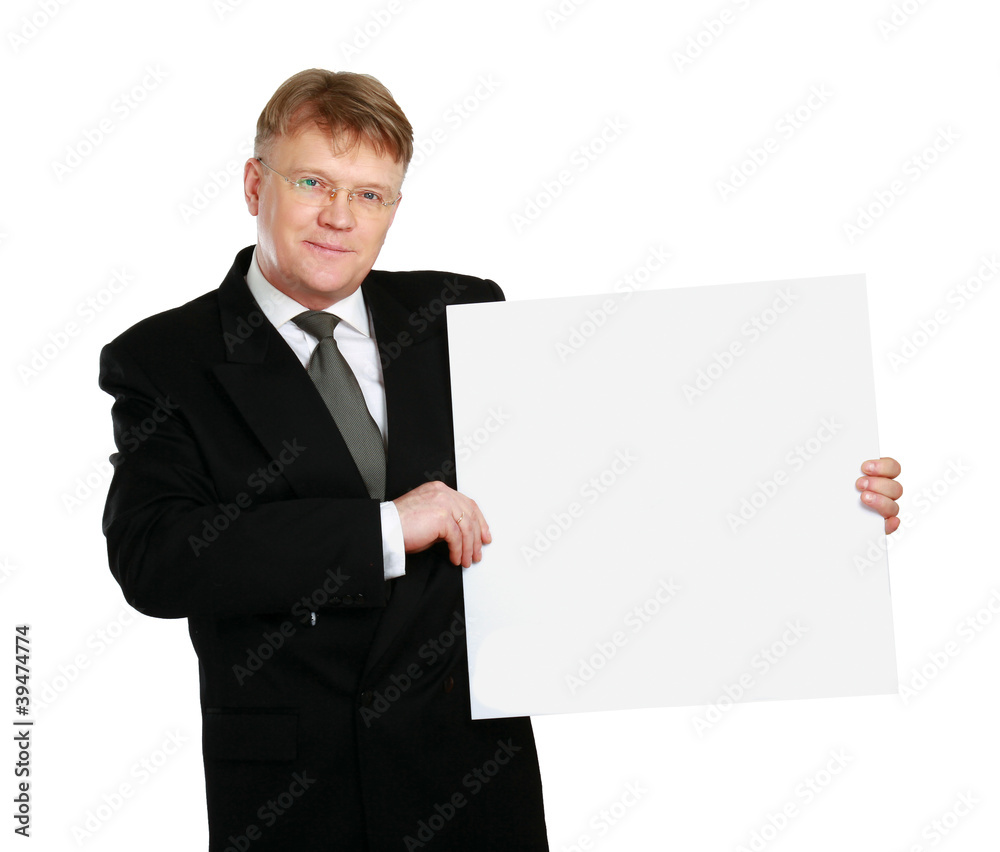 Businessman holding a banner ad isolated on white background Businessman holding a banner ad isolated on white background