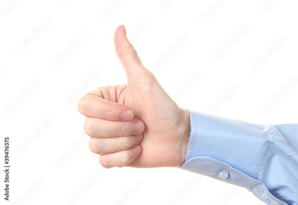 man's hand with thumb up ok signal isolated on white.